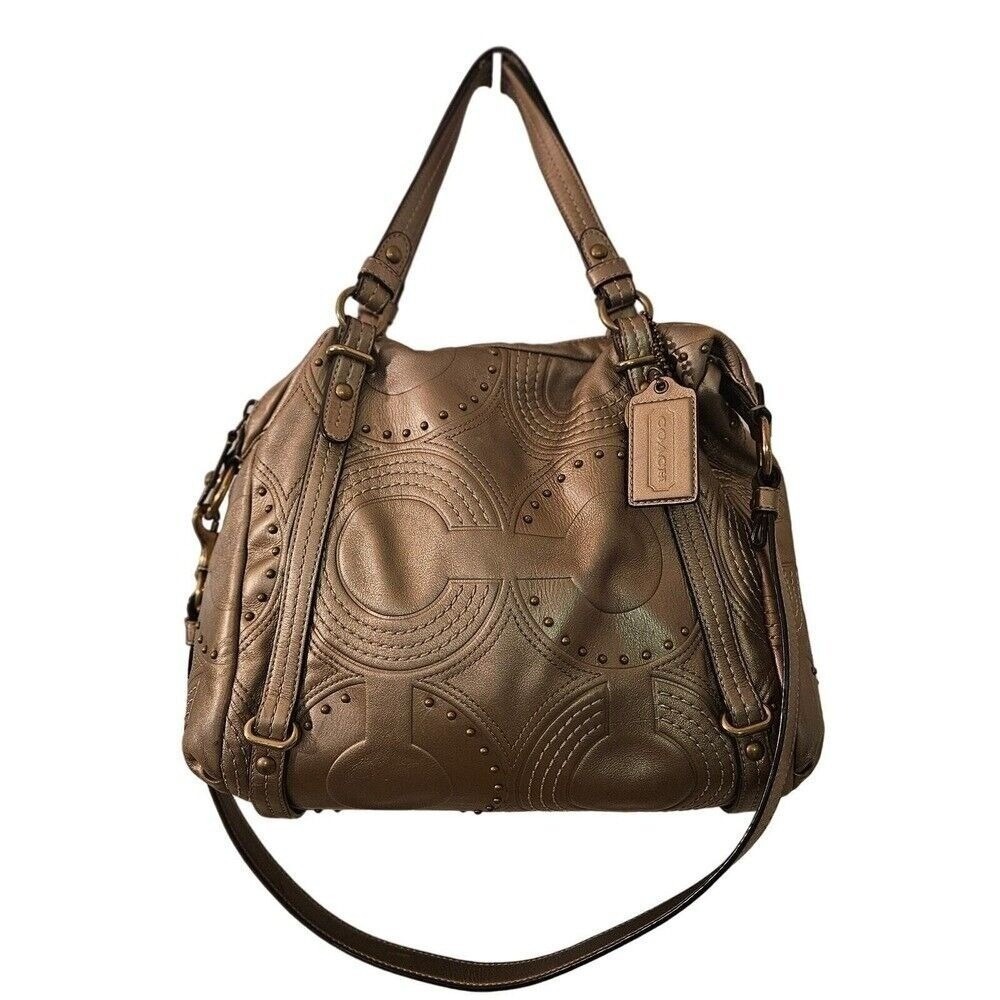 Coach Bronze Metal Embossed Studded Leather Alex Satchel Bag + FREE Bag Charm 🎁 - Picture 2 of 11